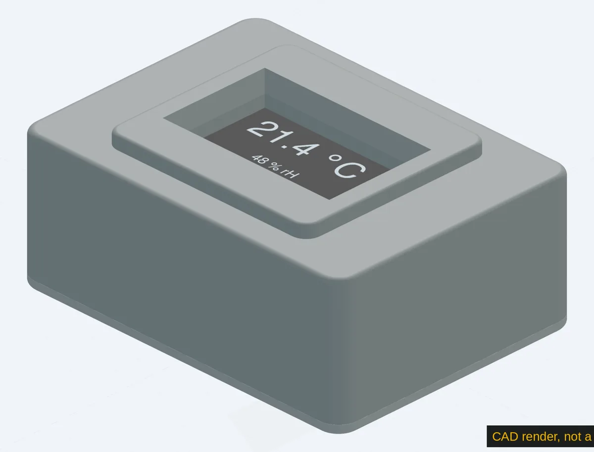 CAD render of the room-climate display: grey printed enclosure with the OLED showing 21.4 °C and 48 % rH